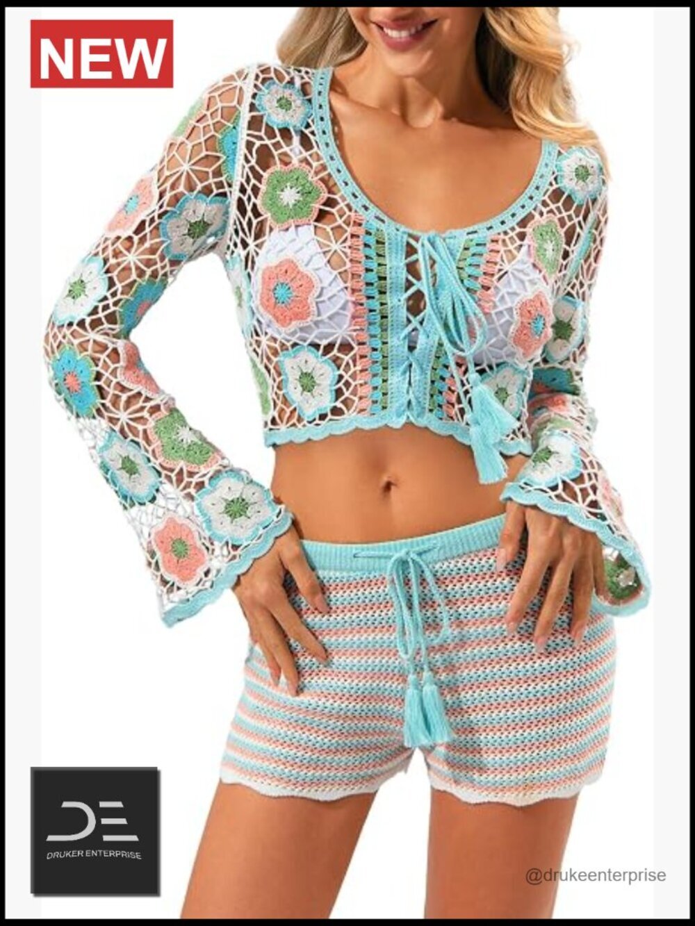 Crochet Beach Outfit 2 Piece Set Floral Crop Top & Striped Shorts Boho Resort